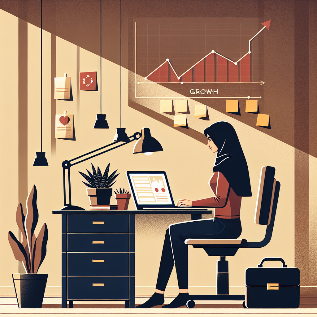 Founder at a small desk planning organic growth with a simple rising chart