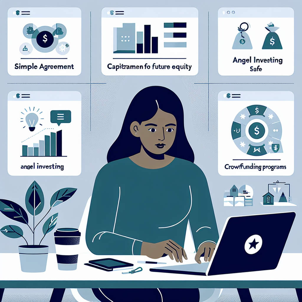 Founder reviewing a cap table with icons for SAFE, angels, accelerators, and crowdfunding