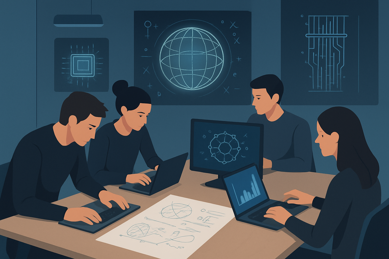 A focused startup team collaborating in a modern workspace filled with tech and scientific displays, representing the type of teams that attract 2026 seed funding.