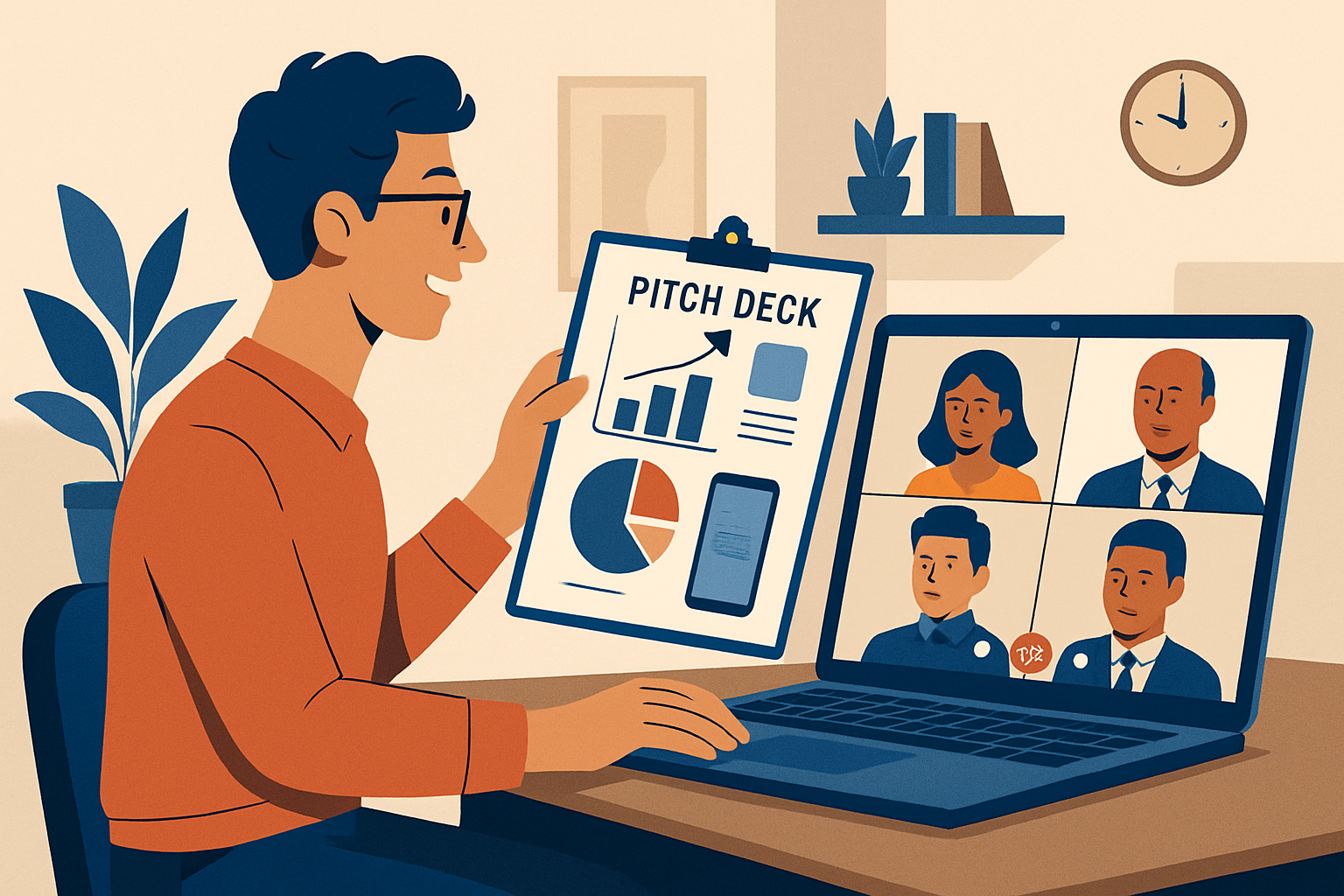 A founder pitching to investors remotely with a digital pitch deck and prototype in a professional home setup.