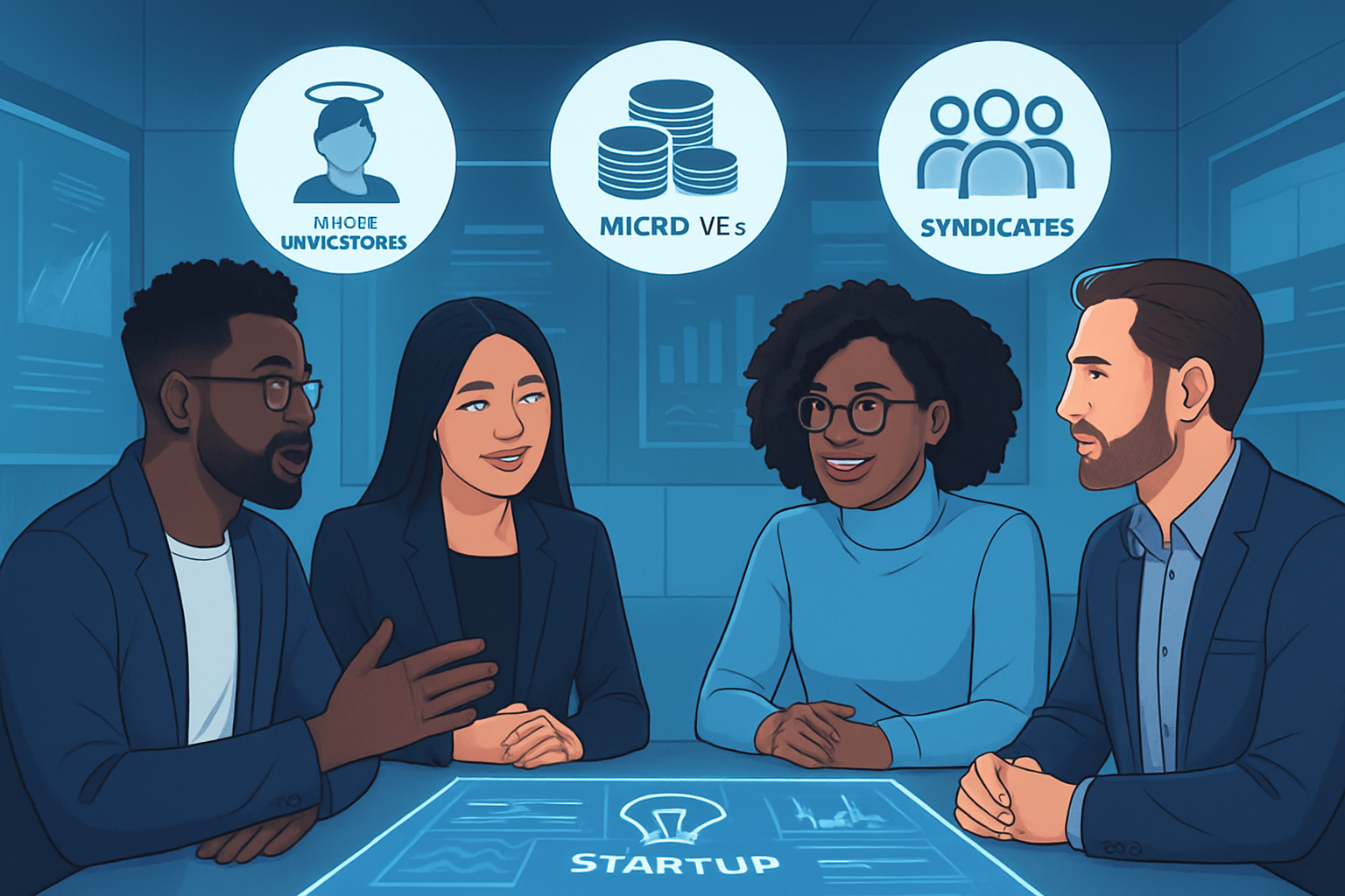 A futuristic meeting of angels, operator-led investors, and micro-VCs discussing startup opportunities for 2026.