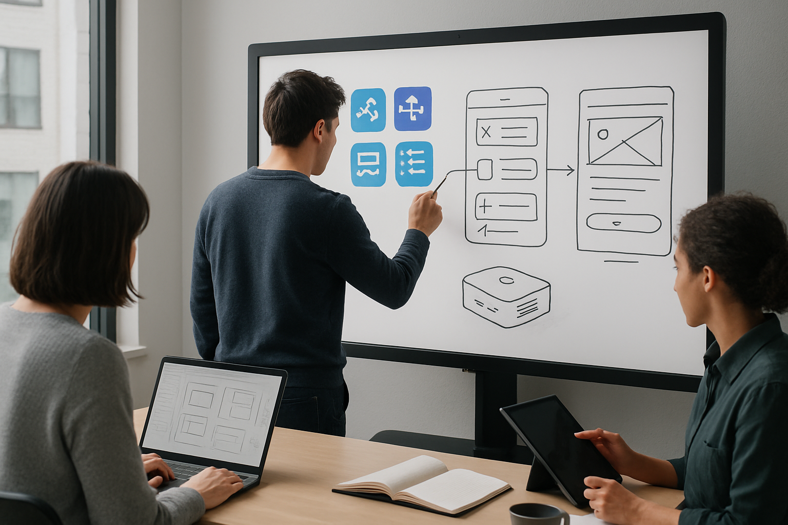 A modern workspace with a small team using no-code tools to build a tech startup MVP in 2026, featuring digital sketches and collaboration.