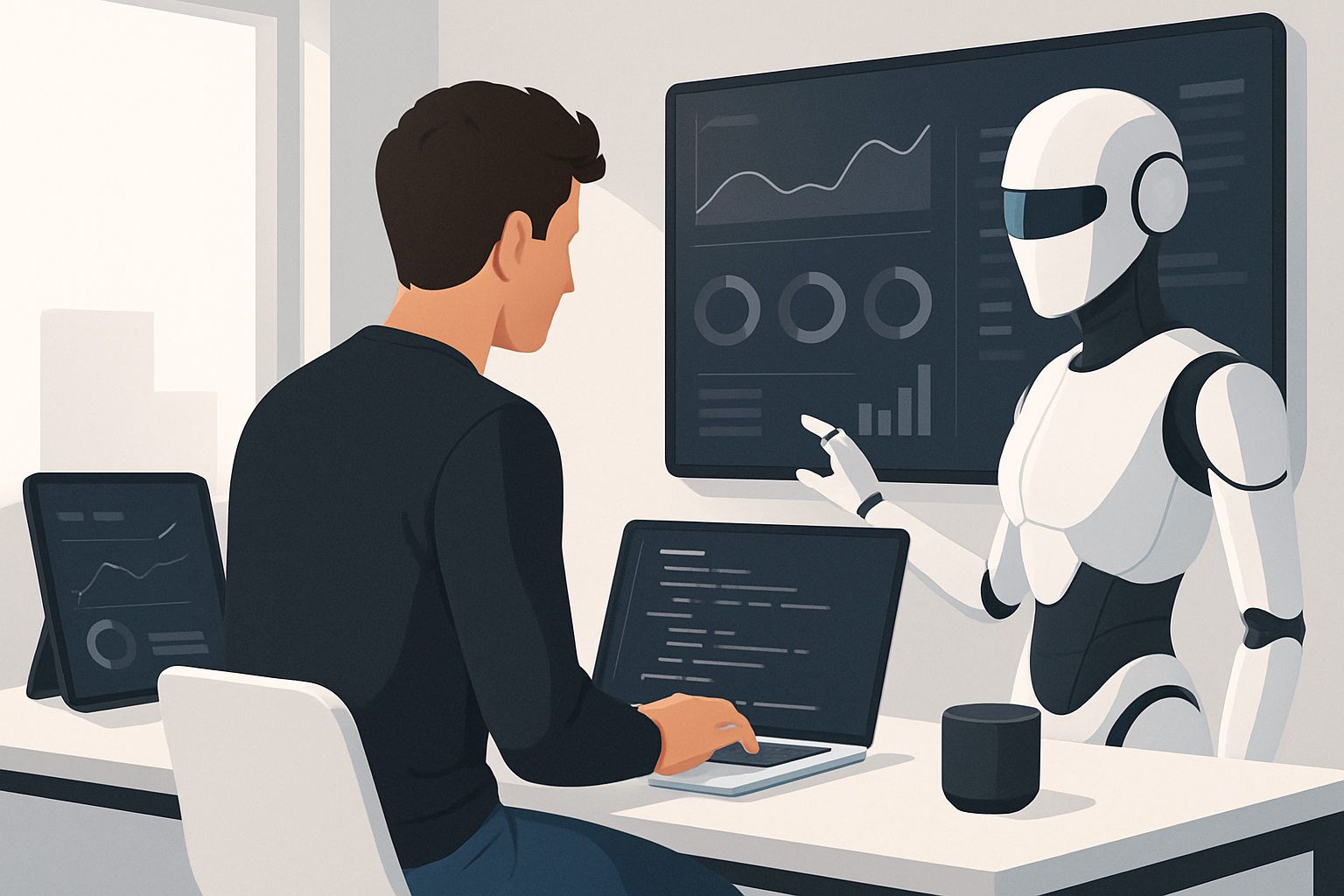 Collaboration in a 2026 startup workspace blends human ingenuity with advanced AI tools.