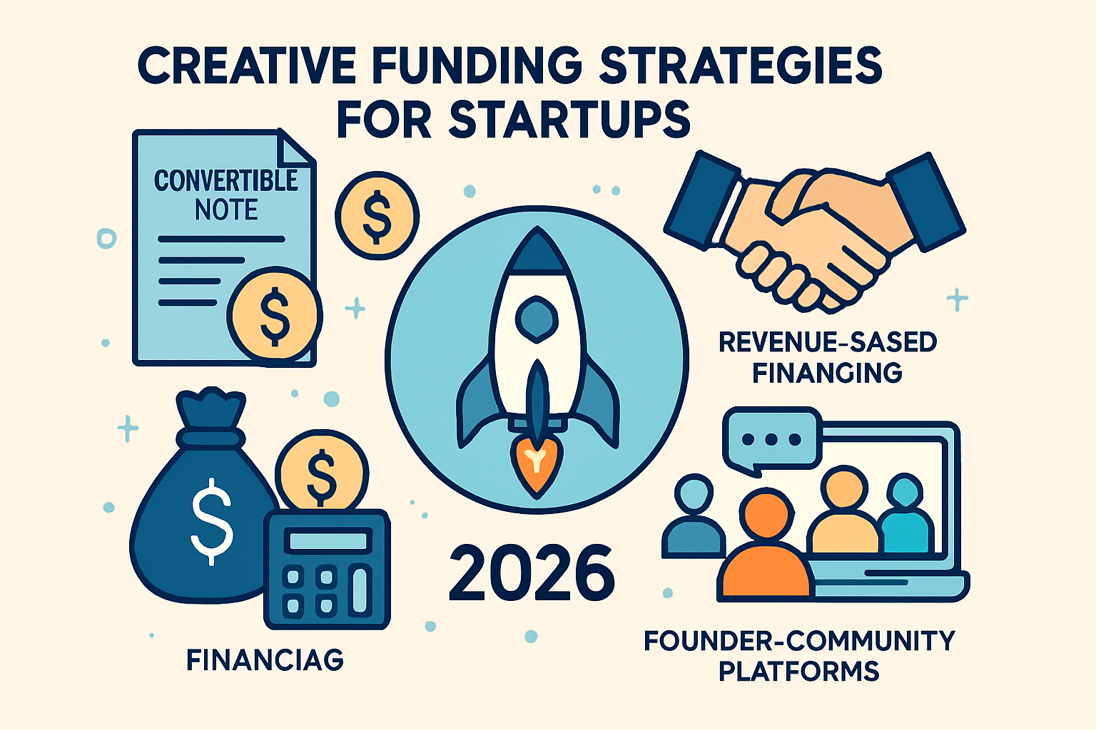 Various creative startup funding strategies represented by icons like digital collaboration, financing, and partnership around a central startup symbol.